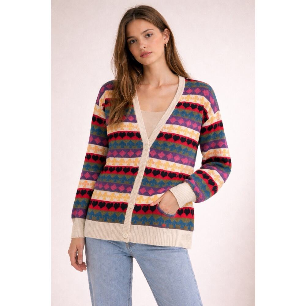 Vtg‎ Suburbans Cardigan Fair Isle L Cards Poker Button Granny Festival Art Rare